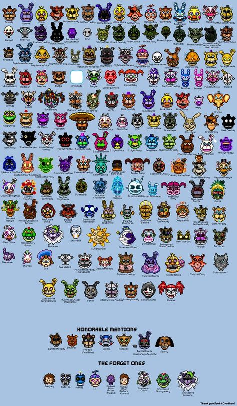 All Fnaf Characters Art, Five Nights At Freddy Characters, Fnaf Games In Order, 8 Bit Fnaf Characters, All The Fnaf Characters, All Fnaf Characters Names, All Freddys Fnaf, Fnaf Symbol, Every Fnaf Character