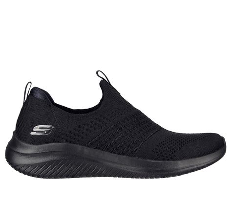 Step in flexible comfort and athletic style with Skechers Ultra Flex 3.0 - Classy Charm. This Stretch Fit slip-on features an engineered knit upper with a Skechers Air-Cooled Memory Foam insole. | Skechers Women's Ultra Flex 3.0 - Classy Charm Sneaker | Medium Width | Skechers Air-Cooled Memory Foam cushioned comfort insole | Stretch Fit design for sock-like comfort | Crafted with 100% vegan materials | Engineered knit upper | Lightweight shock-absorbing midsole | Super flexible rubber traction outsole | Machine washable | 1 1/4-inch heel height | Skechers Sketchers Shoes, Found Family, Super Flexible, Athletic Style, Wide Shoes, Waterproof Shoes, Skechers Women, 4 Inch Heels, Black Slip Ons