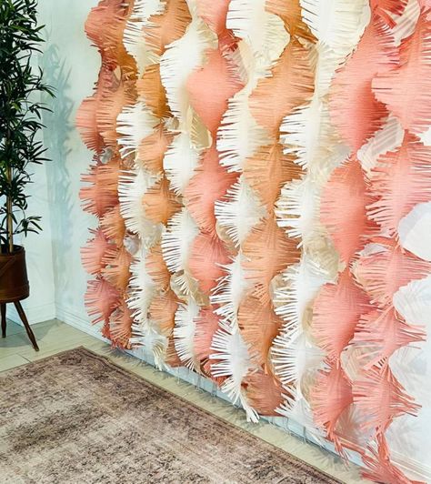 Twisted Streamer Backdrop, Crate Paper Backdrop, Pinwheel Photo Backdrop, Boho Streamer Backdrop, Diy Bachelorette Photo Backdrop, Backdrop Ideas Diy Easy, Easy Cheap Photo Backdrop, Bach Party Backdrop, Streamer Hanging Ideas