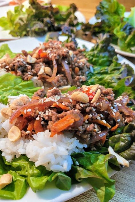 Korean Lettuce Wraps, Rice And Ground Beef, Korean Style Beef, Beef Wraps, Beef Lettuce Wraps, Red Leaf Lettuce, Rice Wraps, Food Recipes Easy, Beef Roll