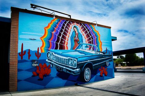 Car wash mural, street art, Tucson AZ Car Mural Art, Store Mural, Car Mural, Cars Mural, Frida And Diego, Vegan Ideas, Arizona Photography, Lowrider Art, Phoenix Art