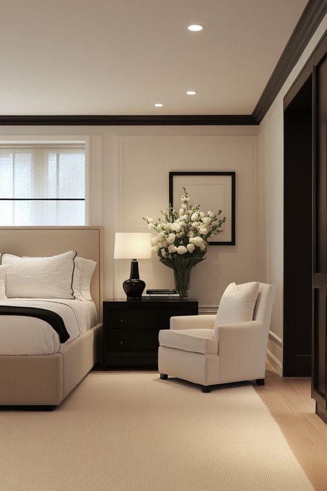 Transform your sleep space with this cozy and elegant bedroom design. Perfect for relaxation and style. #InteriorDesign #CozyBedroom #HomeDecor #TranquilSpace Bedroom With One Nightstand, Sitting Area In Bedroom Master Suite, Hotel Bedroom At Home, Sitting Area In Bedroom, Cozy Moody Bedroom, Bed In Front Of Window, Master Bedrooms Decor Cozy, Elegant Bedroom Design, Cozy Sleep