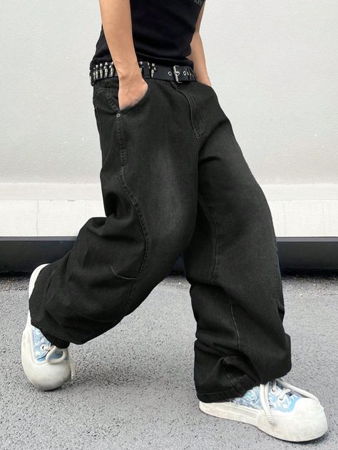 Black  Collar  Denim Plain Wide Leg Embellished Non-Stretch  Men Clothing Y2k Style Pants, Post Punk Fashion, All Black Style, Black Baggy Jeans, Emo Fits, Drip Fits, Baggy Jeans Outfit, Baggy Jean, All Black Fashion