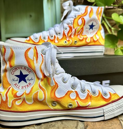 A new take on one of my older designs. Flames on White Converse. I love them! #adriennewilliamson #paintedshoesforsale #customconversesneakers #paintedshoes #custompaintedconverse #painted #customconverse #paintedconverse #customconverses #paintedconverseshoes #chucktaylors #custompaintedshoes #customconversechucks #chucktaylorshoes #custompainted #paintedconverses #dreaminbohemian #customconverseshoes #dreaminbohemianstudio #flames #twinflames #flamesshoes #fire #fireconverse #flameconverse... Bohemian Studio, Custom Converse Shoes, Painted Converse, Chuck Taylor Shoes, Custom Painted Shoes, Custom Converse, White Converse, Converse Sneakers, Painted Shoes