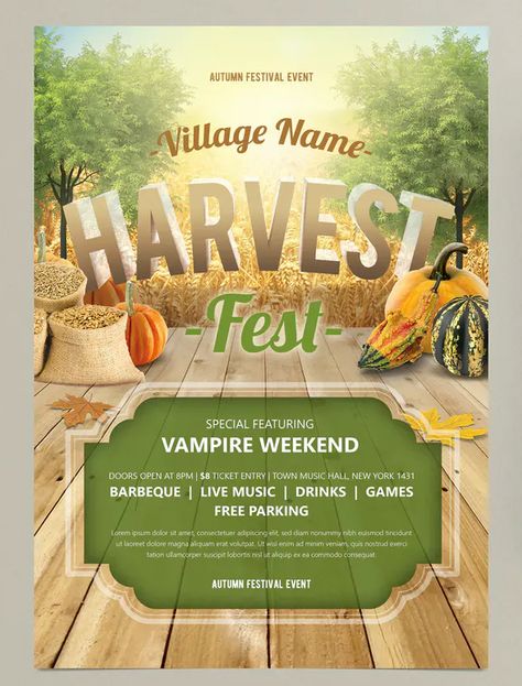 Harvest Festival Flyer Design PSD Festival Flyer Design, Montour Falls, Corn Harvest, Harvest Fest, Festival Flyer, Vampire Weekend, Flyer Design Templates, Harvest Festival, Wes Anderson