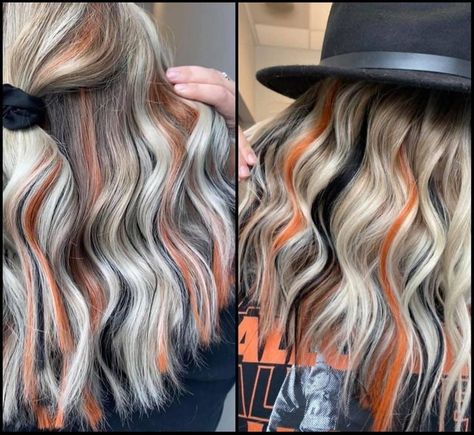 Halloween Hair Extensions, Black And Orange Highlights, Black Orange Blonde Hair, Vibrant Peekaboo Hair, Blonde Hair With Vivid Highlights, Halloween Highlights Hair, Blonde Halloween Hair, Halloween Peekaboo Hair, Gray And Orange Hair