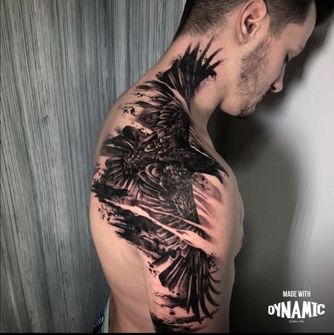 Dark Black Tattoos, Tattoo Styles For Men, Commemorative Tattoo, Crow Tattoo For Men, Best Back Tattoos, Legendary Tattoo, Eagle Shoulder Tattoo, Black Crow Tattoos, Man Tattoos