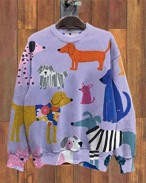 Solid Color Round Neck Irregular Hem Midi Dress Paint Sweatshirt, Dog Sweatshirt, Pet Fashion, Linen Style, Style Hoodie, Cartoon Dog, Dog Print, Cozy Fashion, Clothes Collection