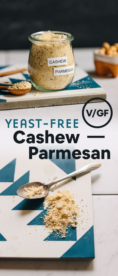 INCREDIBLE Vegan Cashew Parmesan that's yeast-free! 6 ingredients, 1 blender, 5 minutes! Perfect for Italian dishes and beyond! #yeastfree #parmesan #glutenfree #minimalistbaker #recipe Cashew Parmesan, Dairy Substitutes, Baker Kitchen, Recipes With Parmesan Cheese, Vegan Cheese Recipes, Vegan Parmesan Cheese, Vegan Mozzarella, Minimalist Baker, Dairy Free Cheese