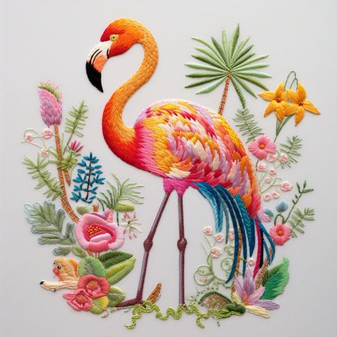 Flamingo pattern embroidered on white fabric with elegant, colorful threads Hand Embroidery Birds Design, Flamingo Embroidery, Textile Art Embroidery, Diy Embroidery Designs, Needlework Crafts, Hand Embroidery Patterns Flowers, Flamingo Pattern, Handmade Embroidery Designs, Soyut Sanat Tabloları