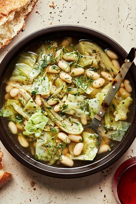 A zippy (there’s lemon), hearty (those beans), and herbaceous (yes dill and parsley!) soup to warm your bowl any time of year. Vegetarian Dumpling Soup, Soup With Cabbage, Vegetarian French Onion Soup, Healthy Soup Vegetarian, Soup Recipes Healthy Vegetarian, Vegetarian Dumpling, Asian Chopped Salad, Dill Recipes, Slow Cooker Lentils