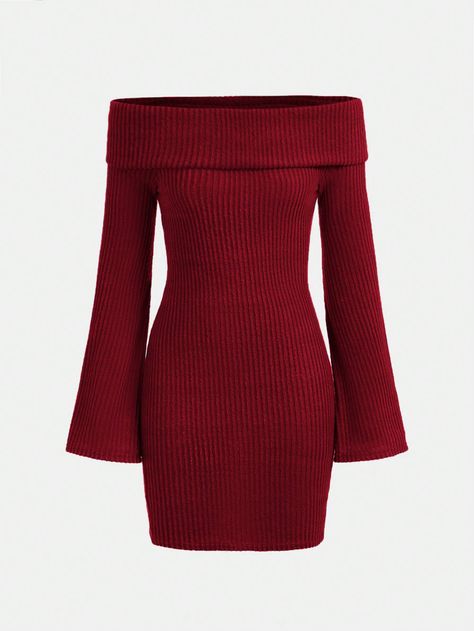 SHEIN Teen Girls' Rib Knit Off-shoulder Foldover Bell Sleeve Casual DressI discovered amazing products on SHEIN.com, come check them out! Off Shoulder Casual Dress, Girls Party Wear, Trumpet Sleeves, Bodycon Dress Casual, Teen Girl Dresses, Ribbed Knit Dress, Teenage Girls, Mini Dress With Sleeves