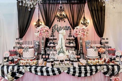 Reagan’s Parisian 10th Birthday Party | CatchMyParty.com Paris Themed Christmas Party, Paris Birthday Party Ideas Decoration, Paris Themed Birthday Party Sweet 16, Paris Birthday Party Ideas, Sweet Sixteen Paris Theme Party, A Night In Paris Birthday Theme, Night In Paris Sweet 16 Ideas, Paris Theme Party Decorations, Eiffel Tower Themed Party Paris Birthday