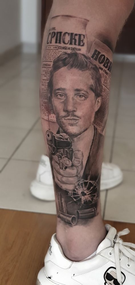 Gavrilo Princip tattoo Gavrilo Princip Tattoo, Serbian Tattoo Ideas, Serbia Tattoo, Serbian Tattoo, Gavrilo Princip, Realism Tattoos, Trippy Designs, 3d Tattoos, Realism Tattoo