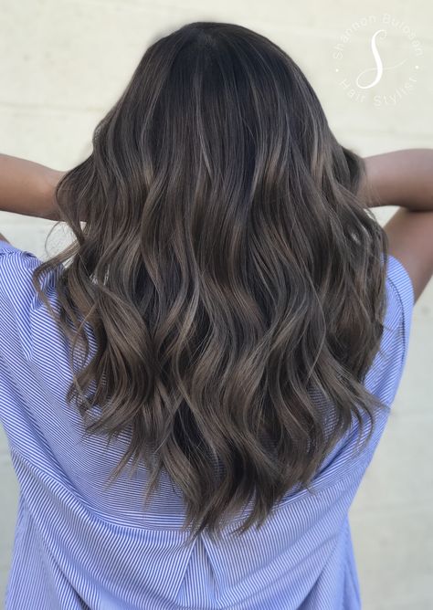 Chocolate Brown Hair With Ashy Highlights, Dark Brown Ashy Hair Balayage, Low Maintenance Ash Brown Hair, Smoky Ash Brown Balayage, Babylights Brunette Ashy, Brunette Hair Color With Highlights And Lowlights Ash Brown, Mushroom Babylights, Dark Ashy Hair Color, Trendy Brown Hair 2023