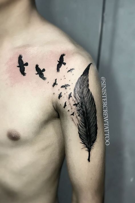 Niklaus Mikaelson Tattoo, Mens Bird Tattoo Ideas, Feather To Birds Tattoo, Feather Birds Tattoo Design, Joseph Morgan Tattoo, Feather Tattoo Shoulder, Crow Tattoo Design Ravens, Klaus Mikaelson Tattoo, Raven Tattoo Men