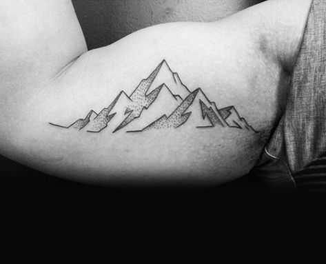 Dotted Lined Hill Tattoo Guys Inner Biceps Berg Tattoo, Tattoo Mountain, Geometric Mountain Tattoo, Origami Tattoo, Inner Bicep Tattoo, Mountain Tattoo Design, Tattoo Zeichnungen, Tattoos For Women Half Sleeve, Geometric Mountain