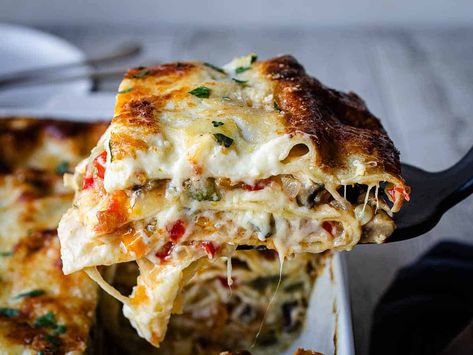 Vegetable Lasagna with White Sauce Vegetarian Alfredo Lasagna, Vegetable Lasagna With White Sauce, Lasagna With White Sauce, Vegetarian Alfredo, Veggie Lasagna Recipe, Roasted Vegetable Lasagna, Almond Biscotti Recipe, Vegetable Lasagne, White Lasagna