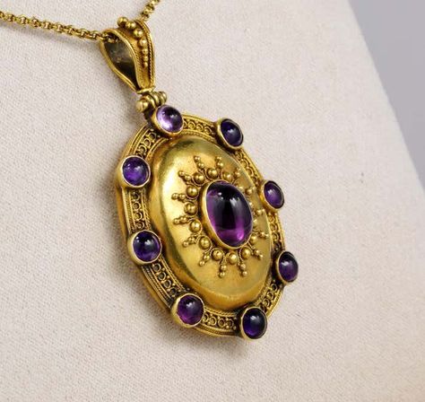 Victorian Carlo Giuliano Etruscan Revival Amethyst Locket For Sale at 1stDibs Peridot Ring Gold, Valyrian Steel, Etruscan Jewelry, Celtic Medieval, Character Accessories, Purple Queen, Large Locket, Locket Jewelry, Victorian Beauty