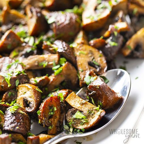 Oven Roasted Mushrooms - Wholesome Yum Healthy Mushroom Recipes, Roasted Zucchini Recipes, Roasted Eggplant Recipes, Oven Roasted Mushrooms, Mushroom Side Dishes, Mushroom Recipes Healthy, Oven Roasted Asparagus, Roasted Vegetables Oven, Thyme Recipes