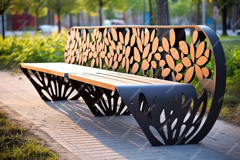 Premium Photo | A bench with a metal railing Steel Bench Design, Metal And Wood Bench, Green Roof Garden, Diy Rocket, Metal Railing, Metal Railings, Lotus Art, Metal Bench, Architect Design House