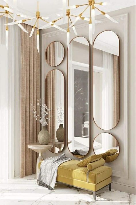 Dressing Table Ideas Modern Full Mirror, Mirror Wall Decor Entrance, Mirror Decor Living Room, Art Deco Bathroom, Lobby Interior, Foyer Design, Rustic Home Design, Lobby Design, Christmas Room Decor