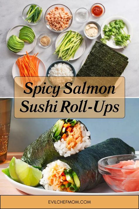 Spicy Salmon Sushi Roll-Ups Spicy Salmon Roll Sushi, Spicy Salmon Recipes Sushi, Lettuce Sushi Rolls, Sushi Wraps Recipes, Sushi Pockets, Smoked Salmon Sushi Roll, Avocado Rolls Sushi, Smoked Salmon Sushi, Spicy Salmon Sushi