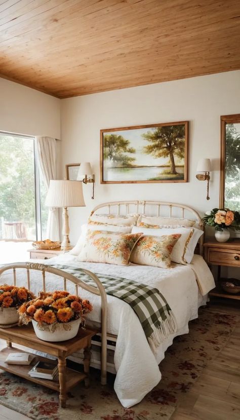 rustic grandma core bedroom with white rattan bed and plaid bedsheets. floral pillows and trees painting on wall. Grandma Style Home Decor, Grandmacore House Decor, Vintage Modern Cottage Decor, Vintage Grandma House Aesthetic, Vintage Cottage Interior Design, Grandma House Aesthetic, Grandmas House Aesthetic, Cottage Core Aesthetic Bedroom, Vintage Country Aesthetic