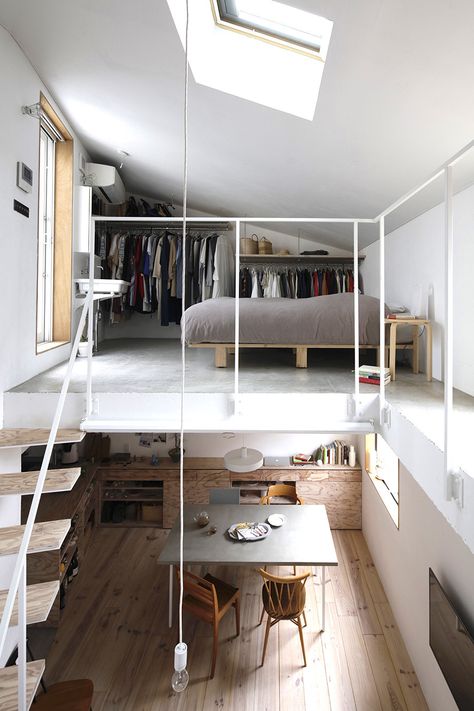 Vertical Alley: A Live/Work Tower for Two in Tokyo - Remodelista Tokyo Apartment, Chic Loft, Loft Bedroom, Open Closet, Small Loft, Loft Interiors, Loft Room, Contemporary Apartment, Loft House