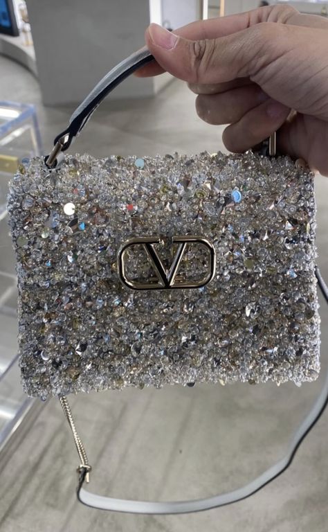 Luxury Diamante Bags For Women, Sparkly Designer Bags, Prada Sparkle Bag, Haute Couture Bags, Luxury Silver Crystal Bags, Luxury Crystal Bag With Bling, Sparkly Bag, Valentino Handbags, Valentino Garavani Bag