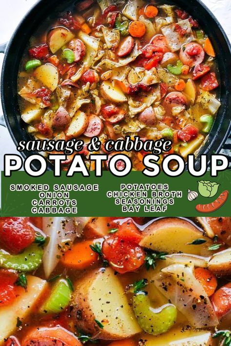 A thick and hearty sausage, potato, and cabbage soup; a healthy recipe that is packed with flavorful ingredients! #dinner #quick #easy #simple #familyfriendly #kidfriendy #comfortfood #healthy #wholefoods #sausage #cabbage #potato #soup Cabbage Sausage Potato, Sausage And Potato Soup, Cabbage Potato Soup, Cabbage Sausage, Sausage Cabbage, Sausage Potato Soup, Sausage Potato, Cabbage And Sausage, Sausage Potatoes