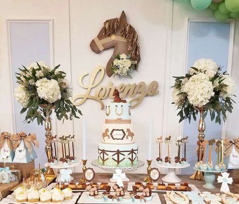 Horse Themed Party Decorations, Birthday Party Horse Theme, Bautizo Ideas Decoracion Charro, Horse Birthday Decorations, Cowboy Baptism Ideas, Western Baptism Ideas, Horse Theme Baby Shower Ideas, Charro Birthday Party Ideas Boy, Bautizo Ideas Boy Decoration Charro