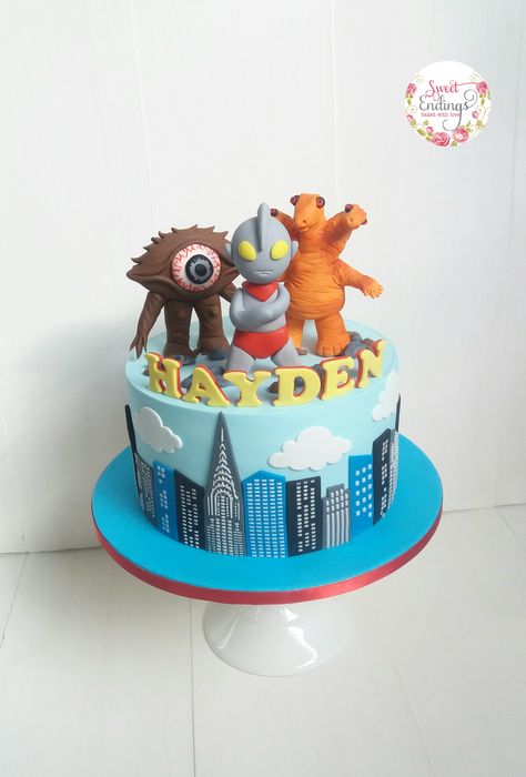 My take on an Ultraman cake! Fondant Cakes Kids, Ultraman Cake, Ultra Man, City Cake, Christian Birthday, 4th Birthday Cakes, Hand Painted Cakes, Spiderman Cake, Painted Cakes