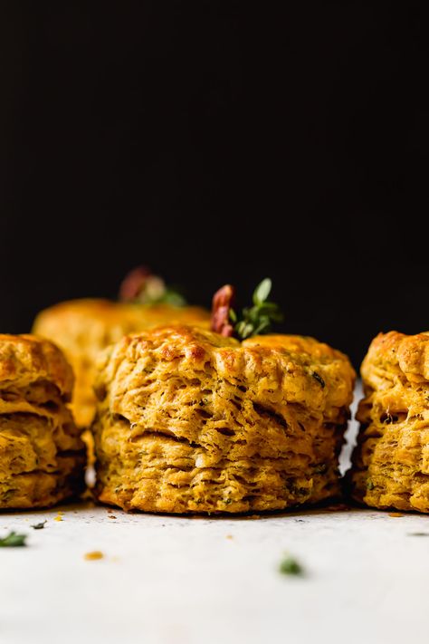 Extra Flaky Pumpkin Biscuits {with Garlic Herb Butter} | PWWB Pumpkin Biscuits Recipe, Pumpkin Biscuits, Savory Pumpkin, Best Thanksgiving Side Dishes, Fall Meal, Savory Pumpkin Recipes, Fresh Sage, Homemade Pumpkin Puree, Garlic Herb Butter