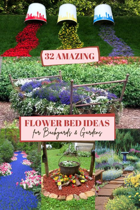 Flower Bed Centerpiece, Creative Flower Bed Ideas, Creative Flower Garden Ideas, Small Square Flower Bed Ideas, Rock Garden Flower Bed Designs, Flower Bed Accessories, Unique Flower Bed Ideas, Rustic Flower Bed Ideas, Tree Flower Bed Ideas