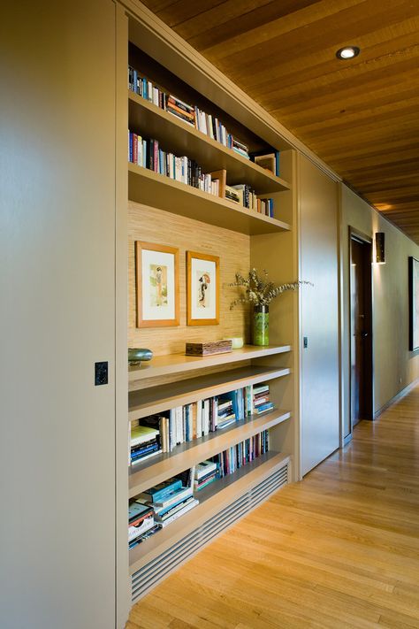 clever hallway storage ideas Tight Hallway Ideas, Hallway Library, Baseboard Heaters, Hallway Ideas Diy, Mid Century Modern Renovation, Mid Century Bookcase, Modern Hall, Baseboard Heating, Baseboard Heater