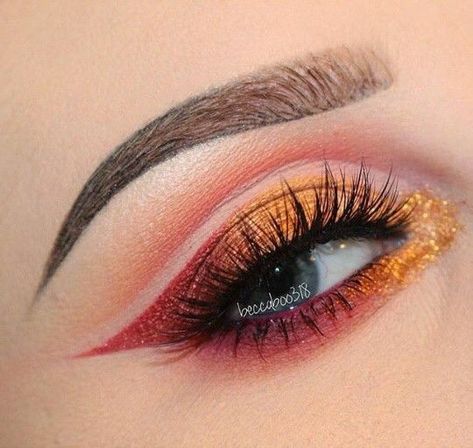 Red Fire Makeup, Fiery Eyeshadow, Red And Gold Eye Makeup, Red Festival Makeup, Gryffindor Makeup, Eye Makeup For Small Eyes, Sweet 16 Makeup, Ice Makeup, Eyeshadow Makeup Tutorial