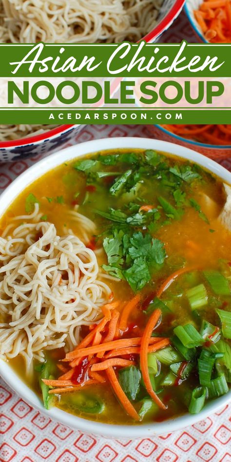 Warm up with a bowl of delicious soup! Our easy fall comfort food is an Asian noodle soup recipe that blends spicy, comforting flavors with a light, flavorful broth. Pin this Asian chicken soup recipe for a satisfying, cozy meal this season! Cabbage Soup Asian, Easy Soup Recipes Asian, Spicy Chicken Soup For Colds, Soup Recipes Japanese, Rice Noodle Chicken Soup, Asian Chicken Soup Noodle, Asian Chicken Noodle Soup Recipe, Chicken Noodle Soup Asian, Udon Chicken Noodle Soup