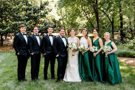 Bridesmaid Dresses With Black Suits, Emerald Green Bridal Party, Blue Willow Wedding, Dark Green Bridesmaid Dresses, Green Bridal Party, Forest Green Wedding, Dark Green Wedding, Wedding Groomsmen Attire, Forest Theme Wedding