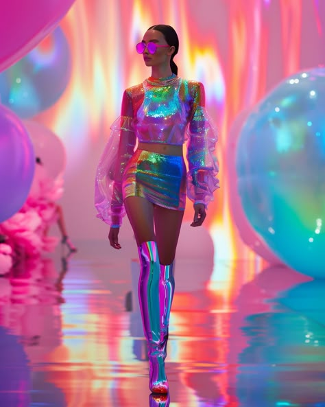 Electric Look, Neon Outfits Party Night, Iridescent Outfit, Galactic Fashion, Reflective Clothes, Spongebob Costume, Avant Garde Dresses, Crazy Dresses, Rave Fits