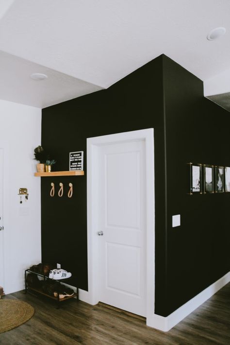 PAINT Makes All The Difference! The Best Black Paint for Walls! - Cherrington Chatter Black Chalk Paint Wall, Black Paint Colors For Walls, Black Painted Rooms Ideas, Black Foyer Wall, Black Wall Kitchen Ideas, Black And White Painted Walls, Black Painted Walls Bedroom, Black Walls White Trim, Black Painted Room