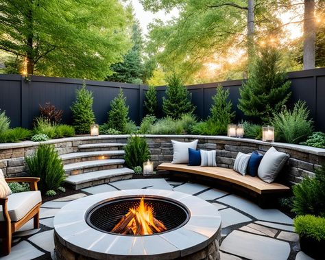 fire pit garden ideas and inspiration Drop Down Fire Pit Area, Fire Pit Into Hillside, Hillside Fire Pit Retaining Walls, Retaining Wall Fire Pit Ideas, Fire Pit Seating Area Ideas, Recessed Fire Pit, Fire Pit Garden Ideas, Sunken Fire Pit, Circular Garden