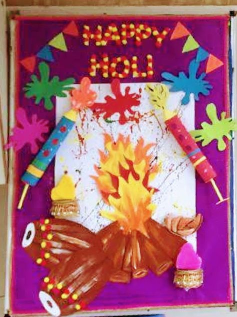 Bulletin Board Ideas For Holi, Holi Chart For School Board, Holi Board Decoration Ideas For School, Holi Bulletin Board Decoration, Holi Charts For School, Holi Decoration Ideas For School, Holi Craft, Holi Art, Holi Decor