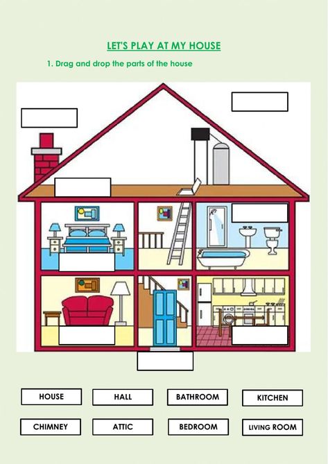 Parts of the house - Interactive worksheet Parts Of A House Worksheet, Parts Of The House Flashcards, Parts Of The House Worksheet, House Worksheet, Classroom Objects, Different Types Of Houses, Esl Lesson Plans, Kindergarten Learning Activities, Phonics Kindergarten