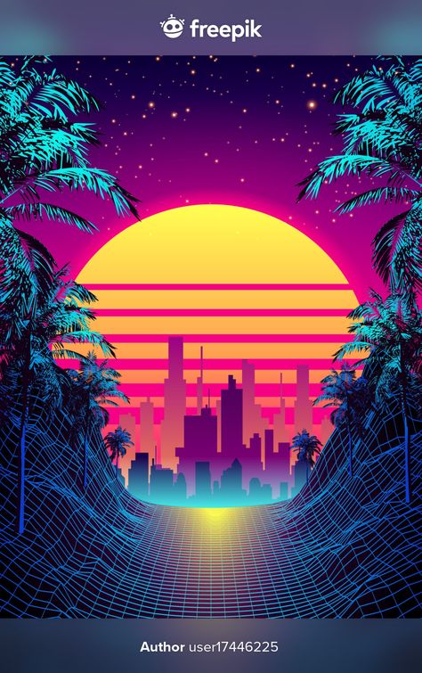 Retro 80s style tropical sunset with pal... | Premium Vector #Freepik #vector #background #city #vintage #landscape Retro 3d Art, Retro Mood Board, Miami 80s, 80s Sunset, 80s Background, Background City, Retro Landscape, Vector Landscape, Retro City