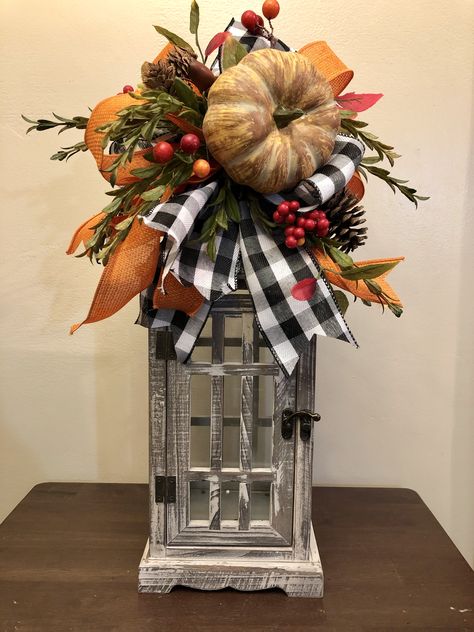 Fall Lantern Centerpieces, Fall Lantern Decor, Autumn Lantern, Fall Lanterns, Farmhouse Lantern, Fall Lantern, Small Wreath, Holiday Lanterns, Plaid Pumpkin