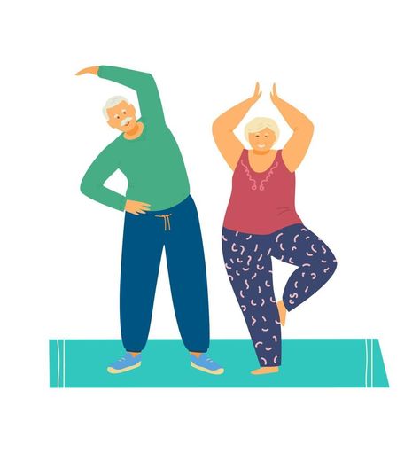 Smiling elderly couple practicing yoga and stretching on mat. Happy senior couple. Active and healthy retirement. Flat vector illustration. Man Doing Yoga, Yoga And Stretching, Elderly Couples, Tree Pose, Illustration Artists, How To Do Yoga, Stretching, Premium Vector, Graphic Resources