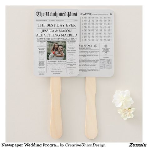 Fun Wedding Programs, Newspaper Wedding, Newspaper Wedding Programs, Rustic Sunflower Wedding, Hand Fans For Wedding, Wedding Newspaper, Program Fans, Wedding Program Fans, Sunflower Wedding Invitations