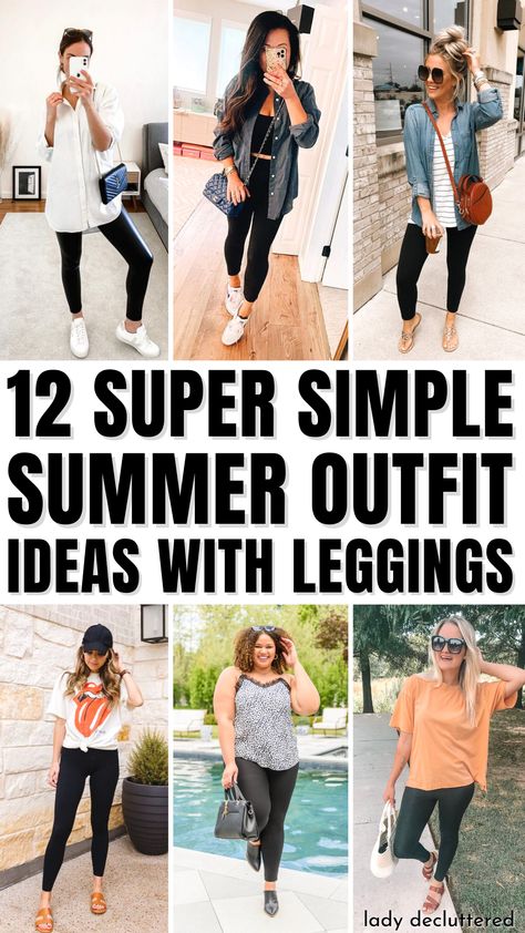 12 Simple Summer Outfits With Leggings Womens Leggings Outfits Summer, Black Leggings And Sandals Outfit, How To Wear Black Leggings Summer, Easy Summer Style For Moms, Black Leggings Outfits Summer, Dressy Leggings Outfit Summer, Black Legging Summer Outfits, Legging Outfits Summer Casual, Casual Summer Outfits With Leggings