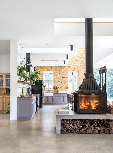 Stone Feature Wall, Cosy Fireplace, Double Sided Fireplace, Wood Heater, Country Style Kitchen, Open Fire, Wood Fireplace, Country Style Homes, Australian Homes